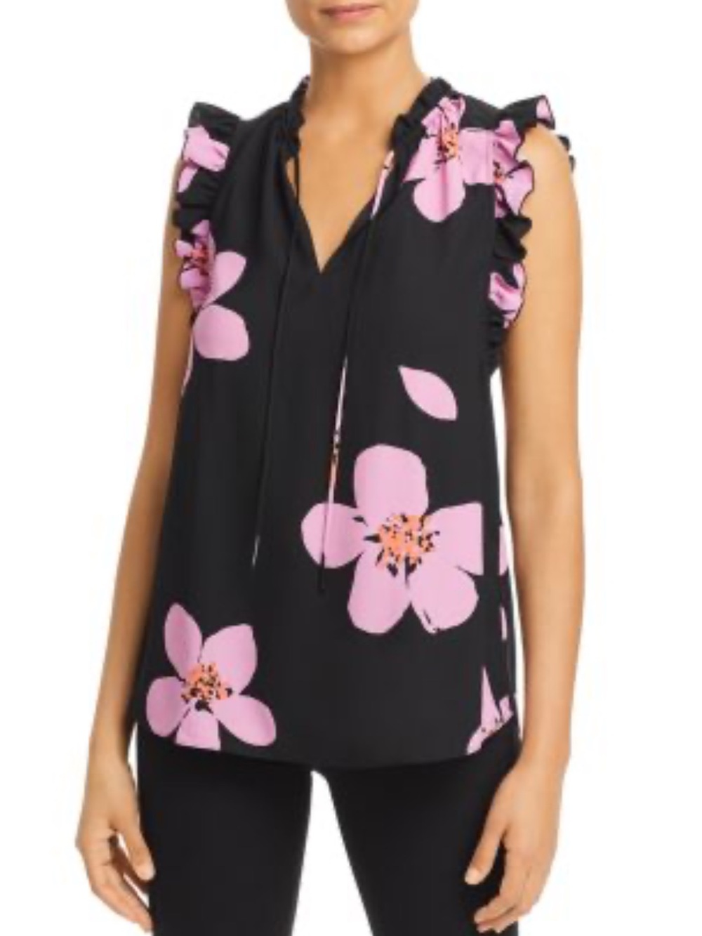 Kate spade Black Floral Ruffle Sleeve tie Neck grande floral top